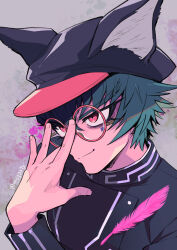 Rule 34 | 1boy, 3737-3737, adjusting eyewear, animal ears, animal hat, black hat, black jacket, cabbie hat, closed mouth, commentary request, fake animal ears, feathers, glasses, green hair, grey background, hat, highres, jacket, long sleeves, male focus, master detective archives: rain code, red-framed eyewear, red eyes, round eyewear, short hair, solo, twitter username, upper body, zilch alexander