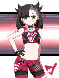 Rule 34 | 1girl, absurdres, arm tattoo, asymmetrical bangs, black choker, black hair, breasts, choker, cowboy shot, creatures (company), game freak, gloves, green eyes, hair ribbon, hand on own hip, highres, looking at viewer, marnie (pokemon), midriff, navel, nintendo, official alternate costume, pantyhose, pantyhose under shorts, pendant choker, pokemon, pokemon swsh, ribbon, shabana may, shorts, small breasts, solo, sports bra, sportswear, tattoo, torn clothes, torn legwear, twintails, two side up, uniform number