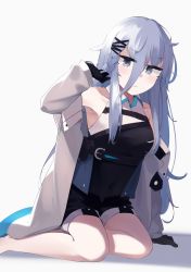 Rule 34 | 1girl, absurdres, black gloves, black shorts, blue eyes, blue hair, braid, breasts, closed mouth, expressionless, girls&#039; frontline, gloves, hair between eyes, hair ornament, hairclip, hand in own hair, hand on floor, highres, hinami047, jacket, light blue hair, long hair, looking at viewer, mod3 (girls&#039; frontline), open clothes, open jacket, seiza, shorts, sitting, solo, white background, white jacket, xm8 (girls&#039; frontline), xm8 (mod3) (girls&#039; frontline)