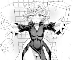 Rule 34 | 1girl, blush, breasts, collarbone, collared dress, covered navel, cowboy shot, curly hair, dress, dress shoes, floating, foreshortening, groin, long sleeves, looking at viewer, mogudan, monochrome, one-punch man, parted lips, partially visible vulva, pelvic curtain, petite, reaching, reaching towards viewer, simple background, sitting, small breasts, solo, tatsumaki, thick thighs, thigh gap, thighs, thong, toilet, toilet paper, toilet stall, underwear, wide hips