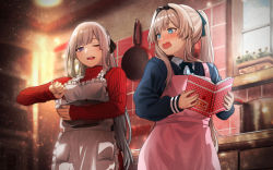 Rule 34 | 2girls, @ @, ak-12 (girls&#039; frontline), an-94 (girls&#039; frontline), apron, bad id, bad pixiv id, blue eyes, blush, book, commentary request, girls&#039; frontline, hairband, holding, holding book, indoors, long hair, long sleeves, mixing bowl, multiple girls, one eye closed, open mouth, red sweater, ribbed sweater, sakaki rin, silver hair, sweater, valentine