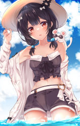 Rule 34 | 1girl, absurdres, arm at side, black hair, black shirt, black shorts, blue sky, breasts, brown eyes, cloud, collarbone, commentary, crop top, day, goggles, granblue fantasy, hair bobbles, hair ornament, hat, highres, looking at viewer, mouse (animal), navel, ocean, open mouth, outdoors, partially submerged, shirt, short twintails, shorts, sky, small breasts, solo, standing, sun hat, swimsuit, tsukune (bnkv5), twintails, vikala (granblue fantasy), wading, white shirt