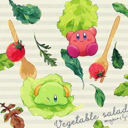 Rule 34 | ;o, arms up, artist name, blue eyes, blush, blush stickers, cherry tomato, closed mouth, commentary, food, food name, fork, grey background, kirby, kirby (series), kotori (lycka), leaf, lettuce, looking at viewer, nintendo, no humans, one eye closed, simple background, smile, spinach, spoon, striped, striped background, symbol-only commentary, tomato, twitter username