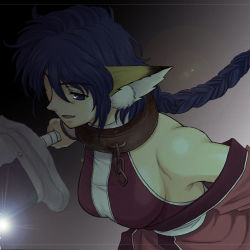 1girl :d animal_ears artist_request bare_shoulders blue_eyes blue_hair braid breasts chain collar dog_ears female_focus gradient_background japanese_clothes karulau light long_hair lowres matching_hair/eyes open_mouth smile solo sword utawarerumono weapon