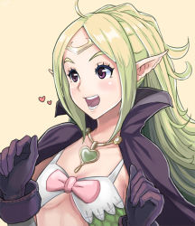 Rule 34 | 1girl, :d, ahoge, artist request, blush, breasts, cape, circlet, collarbone, fire emblem, fire emblem awakening, gem, gloves, green hair, heart, long hair, looking to the side, nintendo, nowi (fire emblem), open mouth, parted bangs, pointy ears, purple eyes, purple gloves, simple background, small breasts, smile, solo, upper body, yellow background