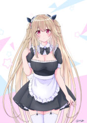 Rule 34 | 1girl, alternate costume, anchorage (azur lane), apron, azur lane, blush, breasts, closed mouth, commentary request, enmaided, frilled apron, frills, garter straps, hair ornament, large breasts, light brown hair, long hair, looking at viewer, m ko (maxft2), maid, maid apron, puffy short sleeves, puffy sleeves, red eyes, short sleeves, signature, solo, standing, star (symbol), thighhighs, very long hair, waist apron, white apron
