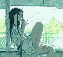 Rule 34 | 1girl, alcohol, balcony, barefoot, beer can, black hair, can, cigarette, commentary request, day, drink can, drinking, freckles, holding, holding can, holding cigarette, japanese clothes, kimono, kokudou juunigou, long hair, original, sitting, sketch, smoke, smoking, solo, tree, twitter username, wide sleeves, yukata