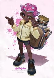 1girl artist_name bike_shorts black_shorts blue_footwear blush closed_mouth commentary dark-skinned_female dark_skin explosher_(splatoon) full_body glint gradient_background green_eyes hair_horns hair_ornament high_tops highres holding holding_weapon jacket jinkoika long_sleeves looking_at_viewer nintendo octoling octoling_girl octoling_player_character one_eye_closed pink_background pink_hair reverse_trap salute shoes short_hair shorts smile sneakers solo splatoon_(series) splatoon_3 splatter_background standing symbol-only_commentary tentacle_hair two-finger_salute two-tone_background watermark weapon white_background x_hair_ornament yellow_jacket zipper zipper_pull_tab