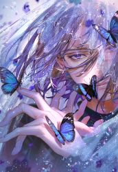 Rule 34 | 1boy, bishounen, blue butterfly, blue eyes, blue hair, blue theme, bug, butterfly, glasses, hato (dovecot), highres, insect, long hair, looking at viewer, male focus, original, purple theme, solo