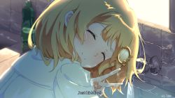 Rule 34 | 1girl, blonde hair, blush, closed eyes, english text, faucet, hair ornament, highres, hololive, hololive english, jl tan, long sleeves, looking at viewer, shirt, sink, sky, smile, solo, v, virtual youtuber, water, watson amelia, white shirt