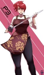 Rule 34 | 1girl, absurdres, alternate costume, artist name, black pants, breasts, ceroccb, commentary, eyelashes, feet out of frame, hair between eyes, highres, holding, holding sword, holding weapon, kirijou mitsuru, large breasts, pants, parted lips, persona, persona 3, ponytail, rapier, red background, red eyes, red hair, red lips, short hair, smile, solo, standing, sword, teeth, two-tone background, weapon, white background
