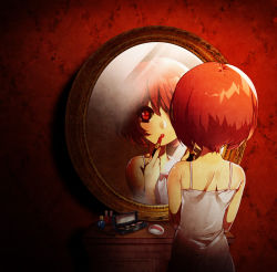 Rule 34 | 1boy, androgynous, applying makeup, bare shoulders, blush, brown hair, crossdressing, from behind, hebino rai, lips, lipstick, makeup, male focus, mirror, nightgown, original, red eyes, red hair, red lips, reflection, ribbon, short hair, solo