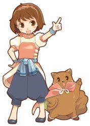 Rule 34 | 1girl, animal, arm up, artist request, brown hair, cape, capri pants, full body, gensou suikoden, gensou suikoden ii, hairband, hand on own hip, lowres, mikumiku, nanami (suikoden), pants, pointing, puffy sleeves, shoes, short hair, squirrel, white background