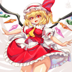 Rule 34 | 1girl, ascot, blonde hair, blouse, blush, bow, breasts, crystal, dress, fang, flandre scarlet, frilled shirt collar, frilled skirt, frilled sleeves, frills, hat, hat ribbon, highres, large breasts, long hair, looking at viewer, medium hair, mob cap, one side up, open mouth, puffy short sleeves, puffy sleeves, red bow, red eyes, red ribbon, red skirt, red vest, ribbon, shirt, short hair, short sleeves, side ponytail, skirt, smile, solo, touhou, umigarasu (kitsune1963), vest, white hat, white shirt, wide hips, wings, yellow ascot