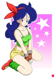 Rule 34 | 1girl, :o, absurdres, bandana, blue eyes, blue hair, breasts, camisole, chris re5, cleavage, collarbone, dragon ball, dragon ball (classic), fingerless gloves, full body, gloves, hairband, highres, long hair, lunch (dragon ball), lunch (good) (dragon ball), medium breasts, midriff, outline, parted lips, short shorts, shorts, signature, sitting, solo, star (symbol), wariza