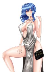 Rule 34 | 1girl, azur lane, backless dress, backless outfit, bag, bare shoulders, blue hair, blue nails, bracelet, breasts, cleavage, dress, earrings, evening gown, hair between eyes, hair ornament, hairclip, halter dress, halterneck, handbag, highres, huge breasts, jewelry, large breasts, leg up, legs, long legs, looking at viewer, nail polish, necklace, pink eyes, plunging neckline, purple eyes, revealing clothes, side ponytail, sidelocks, silver dress, simple background, solo, st. louis (azur lane), st. louis (luxurious wheels) (azur lane), thighs, vik (xypt7474), white background