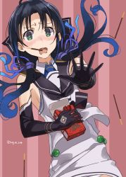 Rule 34 | 1girl, black gloves, black hair, black neckerchief, black sailor collar, box, brown background, commentary request, elbow gloves, food, gloves, green eyes, highres, kantai collection, long hair, looking at viewer, low twintails, mouth hold, neckerchief, open mouth, pocky, round teeth, sailor collar, school uniform, serafuku, sleeveless, solo, sugue tettou, suzukaze (kancolle), teeth, twintails, two-tone background, upper teeth only