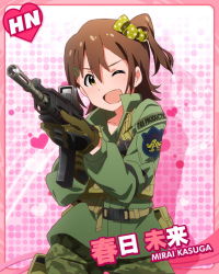 Rule 34 | &gt;;d, 10s, 1girl, ;d, aiming, assault rifle, brown hair, character name, female focus, gloves, gun, hair ornament, hairclip, idolmaster, idolmaster million live!, kasuga mirai, kawakami tetsuya, looking at viewer, military, military uniform, official art, one eye closed, one side up, open mouth, rifle, scrunchie, side ponytail, smile, solo, uniform, v-shaped eyebrows, weapon