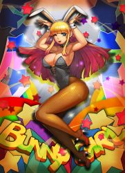 Rule 34 | 1girl, animal ears, blonde hair, blue eyes, blunt bangs, breasts, cleavage, detached collar, english text, fake animal ears, female focus, gurimjang, high heels, highres, large breasts, leotard, long hair, nail polish, one eye closed, original, pantyhose, playboy bunny, rabbit ears, solo, star (symbol), tongue, tongue out, wink, wrist cuffs