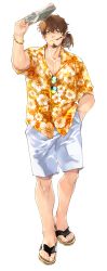 Rule 34 | 1boy, alternate costume, bracelet, brown hair, can, casual, cigarette, facial hair, fate/grand order, fate (series), full body, goatee, green eyes, hawaiian shirt, hector (fate), highres, holding, holding can, imoda, japanese clothes, jewelry, kimono, male focus, mature male, medium hair, newspaper, orange shirt, pectoral cleavage, pectorals, ponytail, sandals, shirt, shorts, smoking, solo, white shorts