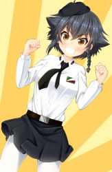 Rule 34 | 10s, 1girl, :d, black hair, black hat, black necktie, black skirt, blush, braid, brown eyes, clenched hands, dress shirt, dutch angle, girls und panzer, hair between eyes, hat, highres, looking at viewer, miniskirt, necktie, open mouth, pantyhose, pepperoni (girls und panzer), ruka (piyopiyopu), shirt, short hair, side braid, sidelocks, skirt, smile, solo, white pantyhose, white shirt, yellow background
