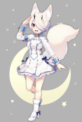 Rule 34 | 1girl, absurdres, animal ears, artist name, boots, breasts, buttons, collared dress, crescent moon, double-breasted, dress, fox ears, fox tail, frilled sleeves, frills, full body, grey background, hair over one eye, high heel boots, high heels, highres, horns, long sleeves, looking at viewer, medium breasts, moon, open mouth, original, phantasy star, phantasy star online 2, pleated dress, sakura chiyo (konachi000), salute, short hair, signature, simple background, smile, solo, standing, standing on one leg, star (symbol), starry background, swept bangs, tail, teeth, white dress, white hair, wing collar
