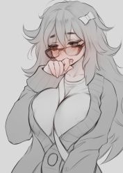 Rule 34 | 1girl, @ @, between breasts, blush, bow, breasts, cardigan, commentary, drooling, fate/extra, fate/extra ccc, fate (series), full-face blush, glasses, greyscale, hair bow, huge breasts, jinako carigiri, long hair, messy hair, monochrome, nat the lich, sleeves past wrists, solo, spot color, strap between breasts