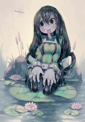Rule 34 | 1girl, asui tsuyu, black eyes, black hair, blush, bodysuit, boku no hero academia, breasts, bug, dragonfly, female focus, flower, frog girl, gloves, green bodysuit, hair between eyes, hair rings, insect, kneeling, large breasts, lily pad, long hair, long tongue, low-tied long hair, medium breasts, monster girl, parororo, pond, rock, shiny clothes, shiny skin, sitting, smile, solo, tongue, tongue out, very long hair, water, white gloves