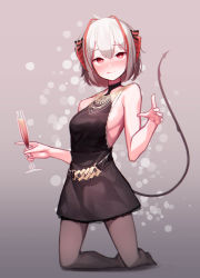 Rule 34 | 1girl, :q, absurdres, arknights, beudelb, black dress, black pantyhose, blush, breasts, champagne flute, commentary, cup, demon horns, demon tail, dress, drinking glass, full body, grey background, grey hair, hand up, highres, holding, holding cup, horns, kneeling, licking lips, pantyhose, red eyes, short hair, sideboob, simple background, sleeveless, sleeveless dress, small breasts, solo, tail, tongue, tongue out, w (arknights)