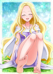 Rule 34 | 1girl, barefoot, blonde hair, closed eyes, collarbone, commentary request, dress, facing viewer, fuurin asumi, hair intakes, hanzou, healin&#039; good precure, highres, jewelry, lens flare, light particles, long hair, medium dress, necklace, off-shoulder dress, off shoulder, open mouth, partial commentary, precure, purple dress, purple eyes, sitting, smile, soles, solo, very long hair