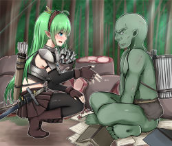 Rule 34 | 1boy, 1girl, armor, baretto (karasi07), basket, book, bow (weapon), elf, fingerless gloves, flower, food, forest, gloves, green hair, highres, long hair, meat, monster, nature, orc, original, pantyhose, paper, pointy ears, quiver, scar, skirt, squatting, sword, tears, weapon