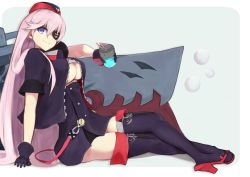 Rule 34 | 1girl, azur lane, black gloves, black thighhighs, blue eyes, breasts, closed mouth, crossed legs, cup, eyepatch, full body, gloves, hair between eyes, hand on floor, holding, holding cup, large breasts, long hair, looking at viewer, marshall k, on floor, pink hair, red headwear, sandals, scharnhorst (azur lane), smile, solo, thighhighs, underboob, uniform, white background