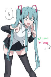 Rule 34 | 1girl, aqua eyes, aqua hair, black thighhighs, channel ( caststation), fang, hatsune miku, japanese text, necktie, skirt, thighhighs, twintails, vocaloid, white background