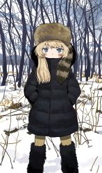 Rule 34 | 1girl, absurdres, black coat, blonde hair, blue eyes, blush, coat, feet out of frame, fur hat, hands in pockets, hat, highres, horizon, long hair, looking at viewer, original, outdoors, snow, solo, tree, winter, zinbei