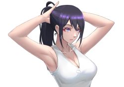 Rule 34 | 1girl, armpits, arms up, black hair, blue eyes, breasts, cleavage, collarbone, eyeshadow, highres, large breasts, long hair, makeup, original, parted lips, ponytail, red eyeshadow, shirt, sleeveless, sleeveless shirt, solo, sthreep, tying hair, upper body, white background, white shirt