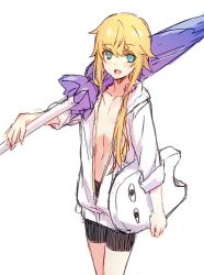 Rule 34 | 1boy, 1other, androgynous, blonde hair, blue eyes, blush, chevalier d&#039;eon (fate), fate/grand order, fate (series), hood, long hair, looking at viewer, male focus, open mouth, ponytail, simple background, smile, solo, swimsuit, trap, umbrella, wanko (takohati8)