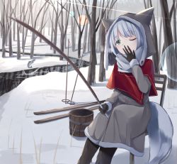 Rule 34 | 1girl, absurdres, akinakesu-chan, animal, animal ears, bare tree, black gloves, black headwear, black pants, bucket, capelet, coat, commentary request, day, fake animal ears, fish, fishing rod, fur-trimmed sleeves, fur trim, gloves, green eyes, grey coat, grey hair, grey scarf, hand to own mouth, head tilt, highres, holding, holding fishing rod, long sleeves, on chair, one eye closed, open mouth, original, outdoors, pants, red capelet, river, scarf, sitting, ski pole, skis, solo, tail, tree, yawning