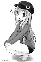 Rule 34 | 1girl, buruma, cabbie hat, contemporary, crescent, greyscale, hands on own knees, hat, jacket, kneehighs, long hair, monochrome, musical note, no shoes, open mouth, patchouli knowledge, rouchinc, sketch, socks, solo, squatting, touhou, track jacket, track jackrt, yukiu con