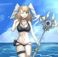 Rule 34 | 1girl, absurdres, bikini, black choker, blue eyes, breast tattoo, breasts, choker, cleavage, cloud, eunie (xenoblade), highres, holding, holding weapon, large breasts, long hair, looking at viewer, one eye closed, sky, solo, swimsuit, tattoo, thighs, water, weapon, white wings, wings, xenoblade chronicles (series), xenoblade chronicles 3, zipperqr