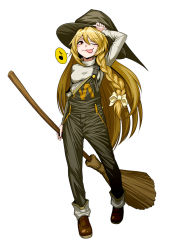 Rule 34 | 1girl, bad id, bad pixiv id, blonde hair, boots, braid, broom, hat, kirisame marisa, long hair, long sleeves, musical note, nukarumi noren, one eye closed, overalls, quaver, smile, spoken musical note, strap slip, tongue, touhou, wink, witch hat, yellow eyes