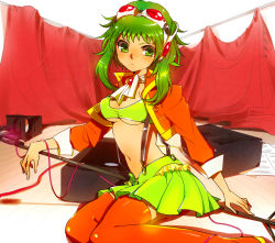 Rule 34 | 1girl, breasts, female focus, goggles, goggles on head, green eyes, green hair, gumi, headphones, matching hair/eyes, gumi (v3 megpoid), microphone stand, midriff, navel, red-tinted eyewear, sentire, short hair, short hair with long locks, skirt, solo, suspenders, thighhighs, tinted eyewear, underboob, vocaloid, white background, zettai ryouiki