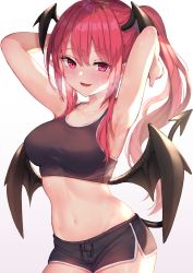 Rule 34 | 1girl, :d, armpits, arms up, bare arms, bare shoulders, black shorts, blush, breasts, breath, collarbone, commentary request, cowboy shot, crop top, demon tail, demon wings, dolphin shorts, fang, gradient background, grey background, groin, hair between eyes, head wings, highres, koakuma, looking at viewer, medium breasts, midriff, navel, open mouth, pink eyes, pink hair, pointy ears, short shorts, shorts, smile, solo, sports bra, sportswear, standing, steam, stomach, sweat, sweatdrop, tail, touhou, white background, wings, wowoguni
