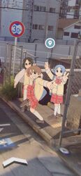 Rule 34 | 3girls, \n/, absurdres, aioi yuuko, arawi keiichi (style), arrow (symbol), black eyes, black hair, blue eyes, blue hair, brown eyes, brown footwear, brown hair, closed mouth, delatoid, double v, fence, glasses, google street view, hashtag-only commentary, high school girls posing for google street view (meme), highres, jacket, jitome, leg up, long hair, meme, minakami mai, multiple girls, naganohara mio, nichijou, open clothes, open jacket, outdoors, photo background, plaid, plaid skirt, pleated skirt, red ribbon, red skirt, ribbon, road sign, school uniform, serafuku, short hair, short twintails, sign, skirt, smile, socks, teeth, tokisadame school uniform, twintails, v, white jacket, white socks, yellow serafuku
