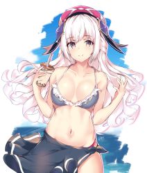 Rule 34 | 1girl, absurdres, arcaea, bad id, bad pixiv id, bare arms, bare shoulders, bikini, black bikini, breasts, brown eyes, bubble tea, cleavage, collarbone, commentary request, cowboy shot, cup, disposable cup, drinking straw, frilled bikini, frills, half updo, hands up, hat, highres, hikari (arcaea), holding, holding cup, large breasts, long hair, looking at viewer, mushpz, navel, sarong, smile, solo, standing, stomach, swimsuit, white hair