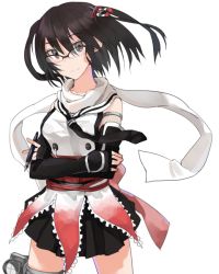 Rule 34 | 10s, 1girl, bad id, bad pixiv id, bespectacled, black-framed eyewear, black eyes, black hair, blush, cowboy shot, crossed arms, fujibejifu, glasses, kantai collection, looking at viewer, necktie, scarf, sendai (kancolle), sendai kai ni (kancolle), simple background, skirt, solo, two side up, underwear, white background