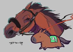 Rule 34 | animal focus, birthday, bridle, chibi, commentary request, efforia (racehorse), grey background, highres, horse, multiple views, no humans, race bib, real life, running, simple background, takatsuki nato, translated
