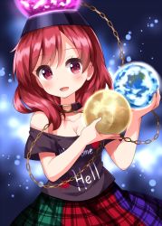 Rule 34 | 1girl, bare shoulders, black choker, black headwear, black shirt, blue background, blush, breasts, chain, choker, clothes writing, collarbone, earth (ornament), gold chain, gradient background, green skirt, hair between eyes, hands up, heart, heart print, hecatia lapislazuli, highres, looking to the side, medium breasts, medium hair, moon (ornament), multicolored clothes, multicolored skirt, off-shoulder shirt, off shoulder, one-hour drawing challenge, open mouth, plaid, plaid skirt, purple skirt, red eyes, red hair, red skirt, ruu (tksymkw), shirt, short sleeves, skirt, smile, solo, standing, t-shirt, touhou, underworld (ornament)