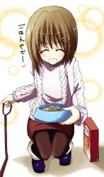 Rule 34 | 00s, 1girl, :d, ^ ^, bad id, bad pixiv id, black pantyhose, bowl, brown hair, closed eyes, full body, long sleeves, looking at viewer, lyrical nanoha, mahou shoujo lyrical nanoha, mahou shoujo lyrical nanoha a&#039;s, open mouth, pantyhose, pencil skirt, pet bowl, short hair, skirt, smile, solo, sweater, translated, yagami hayate
