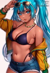 1girl absurdres aqua_eyes aqua_hair arm_up artist_name bead_choker bikini black_bikini blue_shorts bracelet brazilian_miku breasts cleavage cowboy_shot depressrami eyewear_on_head glint hatsune_miku highres jacket jewelry long_hair looking_at_viewer medium_breasts navel open_clothes open_jacket parted_lips rectangular_earrings shorts solo sunglasses swimsuit tan tanline twintails very_long_hair vocaloid watermark web_address white_background yellow_jacket