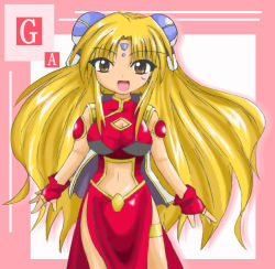 Rule 34 | 00s, 1girl, artist name, bare legs, blonde hair, bracelet, breasts, bridal gauntlets, brown eyes, cleavage cutout, clothing cutout, dress, facial mark, forehead mark, galaxy angel, gloves, hair ornament, hairclip, impossible clothes, impossible dress, jewelry, large breasts, long hair, looking at viewer, navel cutout, open mouth, pelvic curtain, ranpha franboise, side slit, smile, solo, tagme, thighlet, very long hair